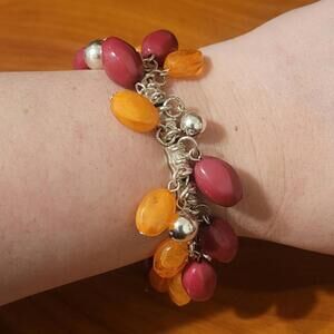 Orange and Pinkish Maroon Beaded Silver Tone Stretch Cluster Bracelet